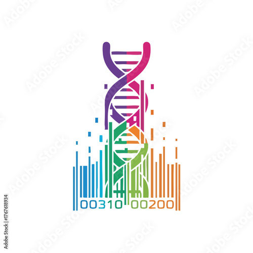 Colorful DNA helix intertwined with a barcode.