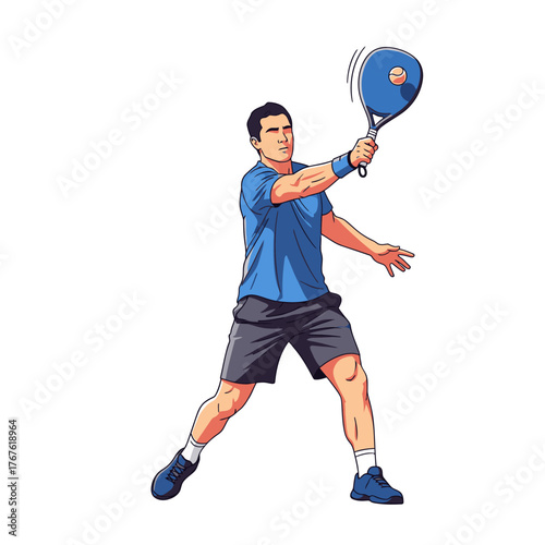 Man in action playing padel tennis with focused concentration.