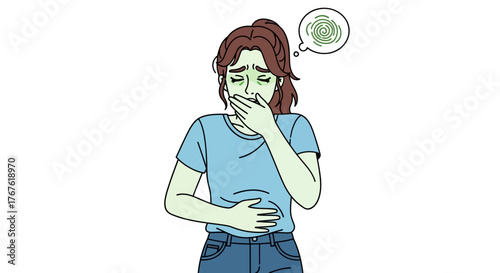 Feeling unwell a woman covers her mouth and stomach with a nauseated expression and a speech bubble indicating sickness