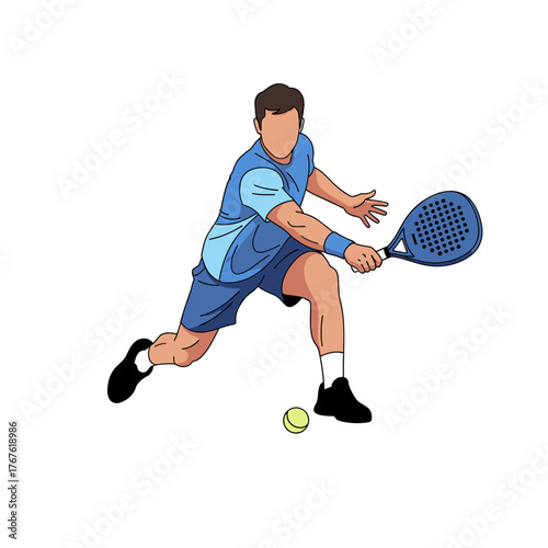 Man Playing Padel Tennis with Blue Racket and Ball.