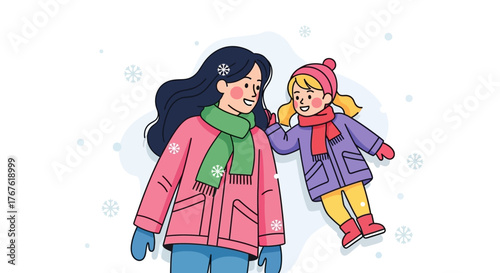 A joyful winter moment captured in a charming illustration of a mother and daughter lying happily in the snow together