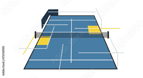 Overhead View of a Blue Tennis Court with Yellow Service Boxes.