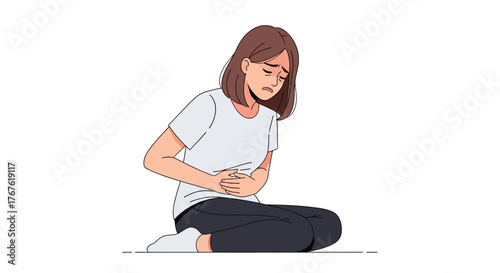 Sad young woman suffering from severe stomach pain, holding her abdomen due to digestive problems, menstrual cramps, or general illness, seeking immediate relief