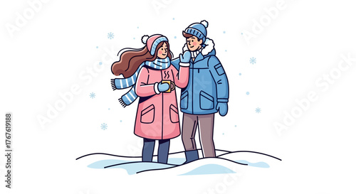 A cute cartoon couple in love, dressed in warm winter clothing, enjoying a snowy day together with a hot drink