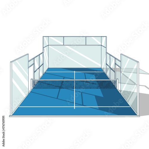 Padel Court Illustration - Blue Surface, Glass Walls, and Net.