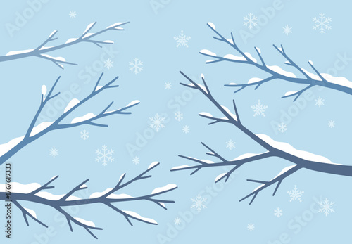 Winter background illustration featuring snow-covered tree branches and falling snowflakes. Minimal and calm seasonal vector design ideal for wallpapers, greeting cards, and holiday graphics. Perfect 