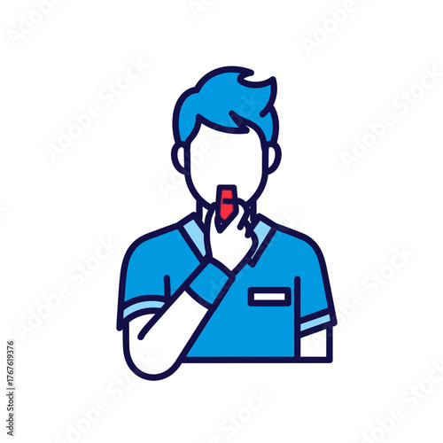 Referee blowing whistle during a sports game, vector illustration.