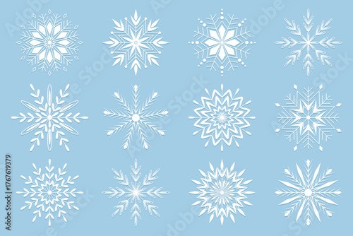 Set of diverse white snowflakes isolated on a blue background. Flat vector illustration.	