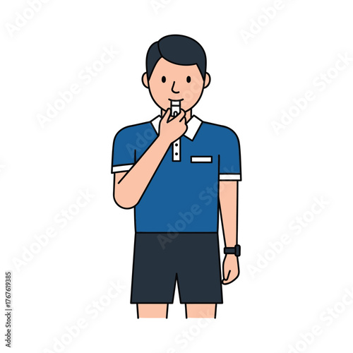 Referee Blowing Whistle in Blue Uniform.