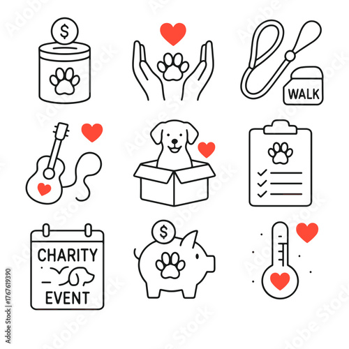 Charity event icons for pet care, donations, and activities  