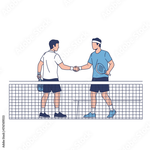 Tennis players shaking hands after a match at the net.