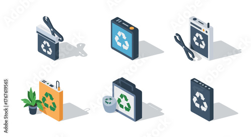 Eco-friendly recycling icons for electronic waste in isometric design