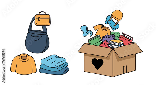 Charity donation: clothing and boxes of essentials for helping communities