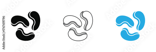 Stylized icons of coffee beans in vibrant blue and black, ideal for modern food branding, cafe menus, and energetic lifestyle concepts.