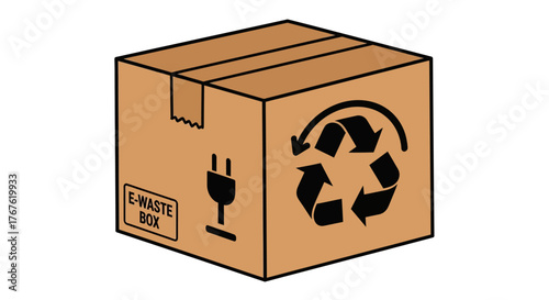 Recycling e-waste box: eco-friendly cardboard with symbolic icons for sustain…