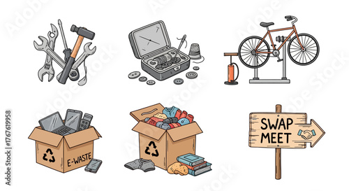 Vintage swap meet: tools, e-waste, and bicycle exchange in retro style