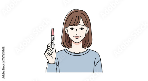Vector illustration of a young woman looking concerned while holding a positive pregnancy test