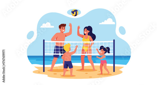 Adobe illustrator artwork vector illustration. A happy family plays volleyball on the beach under a sunny sky, depicting summer fun, teamwork, and active outdoor leisure.
