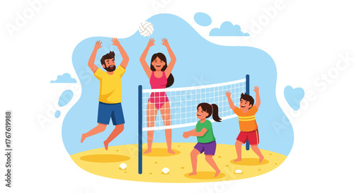 Adobe illustrator artwork vector illustration. A happy family plays volleyball on the beach under a sunny sky, depicting summer fun, teamwork, and active outdoor leisure.