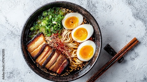 Delicious Japanese Ramen Dish with Pork Belly Boiled Eggs Noodles and Scallions with Chopsticks on White Textured Surface