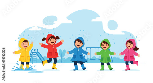 Adobe illustrator artwork vector illustration. Five diverse, joyful children in colorful raincoats and boots happily jump in puddles, celebrating rainy day fun and childhood play
