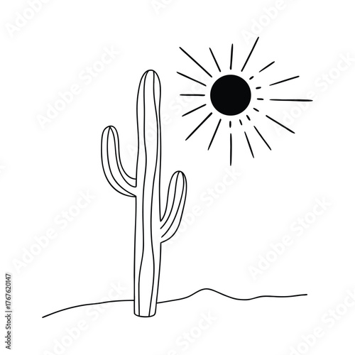 Minimalist Cactus and Sun Desert Scene Illustration