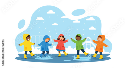 Adobe illustrator artwork vector illustration. Five diverse, joyful children in colorful raincoats and boots happily jump in puddles, celebrating rainy day fun and childhood play