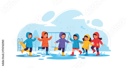 Adobe illustrator artwork vector illustration. Five diverse, joyful children in colorful raincoats and boots happily jump in puddles, celebrating rainy day fun and childhood play