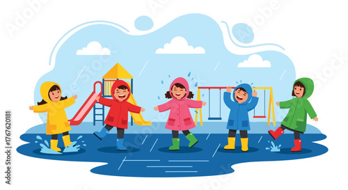 Adobe illustrator artwork vector illustration. Five diverse, joyful children in colorful raincoats and boots happily jump in puddles, celebrating rainy day fun and childhood play