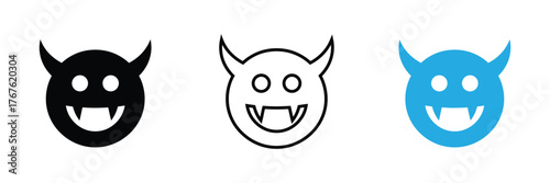 Whimsical devil face icons in black, outline, and blue offer a playful, spooky vibe for your creative projects, perfect for Halloween themes.
