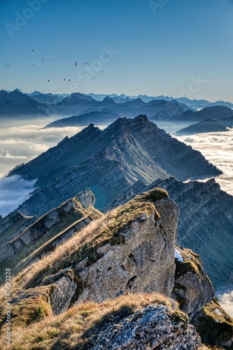 Autumn hike across the sea of ​​fog to the Nagelfluh mountain Speer in St. Gallen. A truly beautiful view above the fog. High quality photo