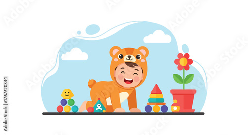 Adobe illustrator artwork vector illustration. A joyful baby in a cute bear costume crawls happily, surrounded by colorful toys and a potted flower, depicting playful childhood and learning