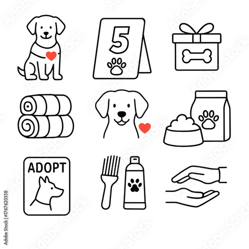 Icons depicting dog adoption, care supplies, and pet products  