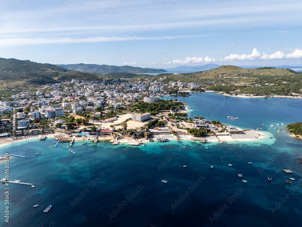 Fototapeta premium Ksamil Beach in Sarande aerial view in North Macedonia