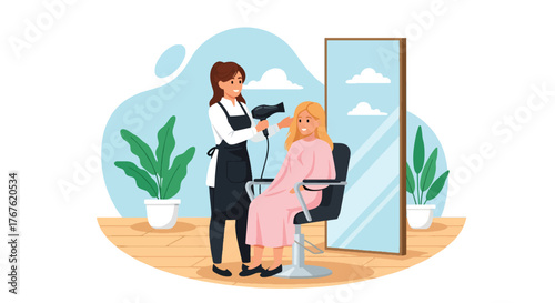 Adobe illustrator artwork vector illustration. A skilled hairdresser blow-dries a happy woman's hair in a salon filled with plants, depicting beauty services and relaxation