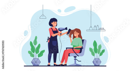 Adobe illustrator artwork vector illustration. A skilled hairdresser blow-dries a happy woman's hair in a salon filled with plants, depicting beauty services and relaxation