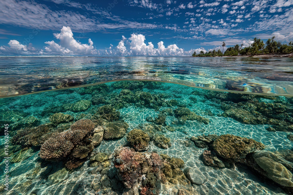 Naklejka premium Split View of Underwater Coral Reefs and Tropical Island under a Blue Sky with White Clouds
