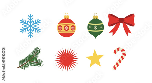 Festive holiday icons featuring ornaments, snowflake, and candy cane on white…