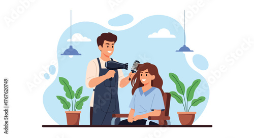 Adobe illustrator artwork vector illustration. A skilled hairdresser blow-dries a happy woman's hair in a salon filled with plants, depicting beauty services and relaxation