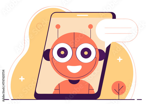 Friendly Robot Chatbot on a Smartphone Screen with Speech Bubble AI Assistant Concept Illustration