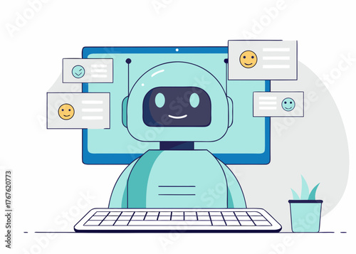 Friendly customer service chatbot with positive feedback and a computer screen keyboard and plant illustration