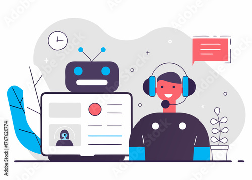 Customer service representative with robot assistant providing online support and communication in a modern flat illustration