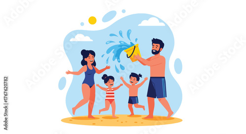 Adobe illustrator artwork vector illustration. A joyful family splashes and plays with water at the beach under the summer sun, depicting fun, togetherness, and vacation memories