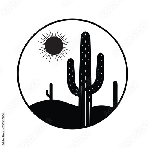 Minimalist Cactus and Sun Desert Scene Illustration