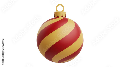 A festive red and yellow striped oval christmas ornament with a golden loop for hanging isolated on transparent background