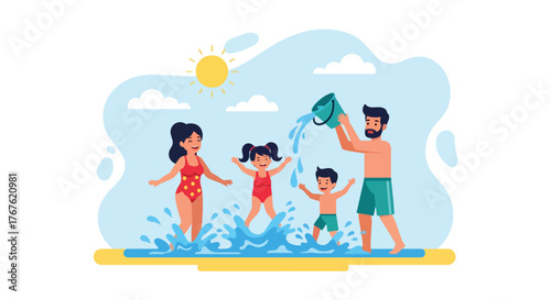 Adobe illustrator artwork vector illustration. A joyful family splashes and plays with water at the beach under the summer sun, depicting fun, togetherness, and vacation memories