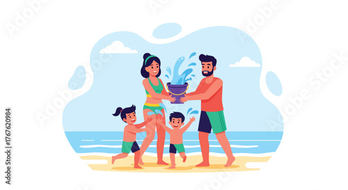 Adobe illustrator artwork vector illustration. A joyful family splashes and plays with water at the beach under the summer sun, depicting fun, togetherness, and vacation memories