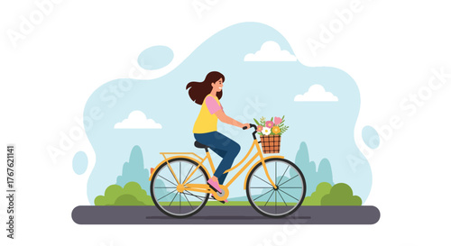 Adobe illustrator artwork vector illustration. A cheerful young woman rides a vintage yellow bicycle with a basket of flowers through a park, embodying spring, health, and outdoor leisure.
