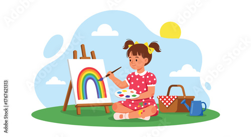 Adobe illustrator artwork vector illustration. A cheerful little girl with pigtails paints a vibrant rainbow on an easel outdoors, showcasing artistic creativity and childhood joy