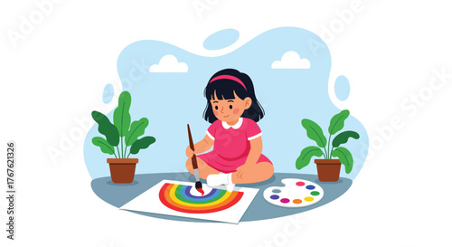 Adobe illustrator artwork vector illustration. A cheerful little girl with pigtails paints a vibrant rainbow on an easel outdoors, showcasing artistic creativity and childhood joy